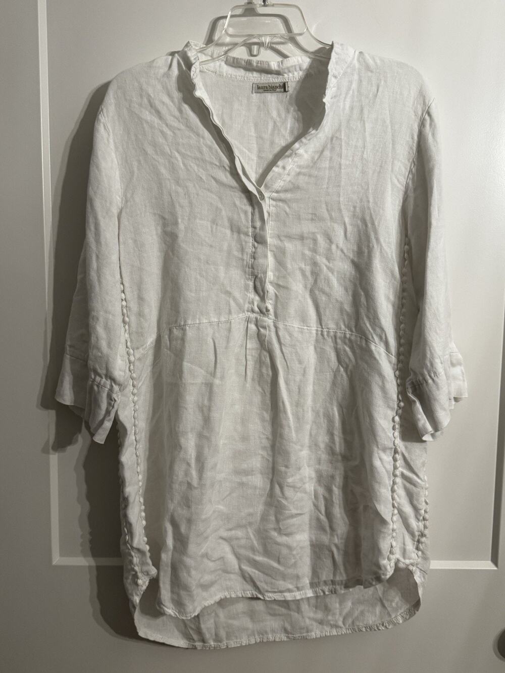 Laura Bianchi ITALY White Linen Tunic Sz L Coverup Resort Wear Beach Vacation